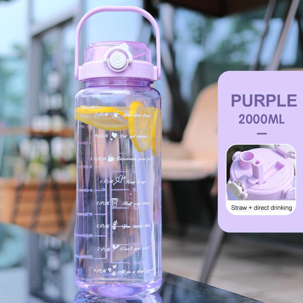 2L Clear colour Water Bottle With Time Marker With Straw and Sticker