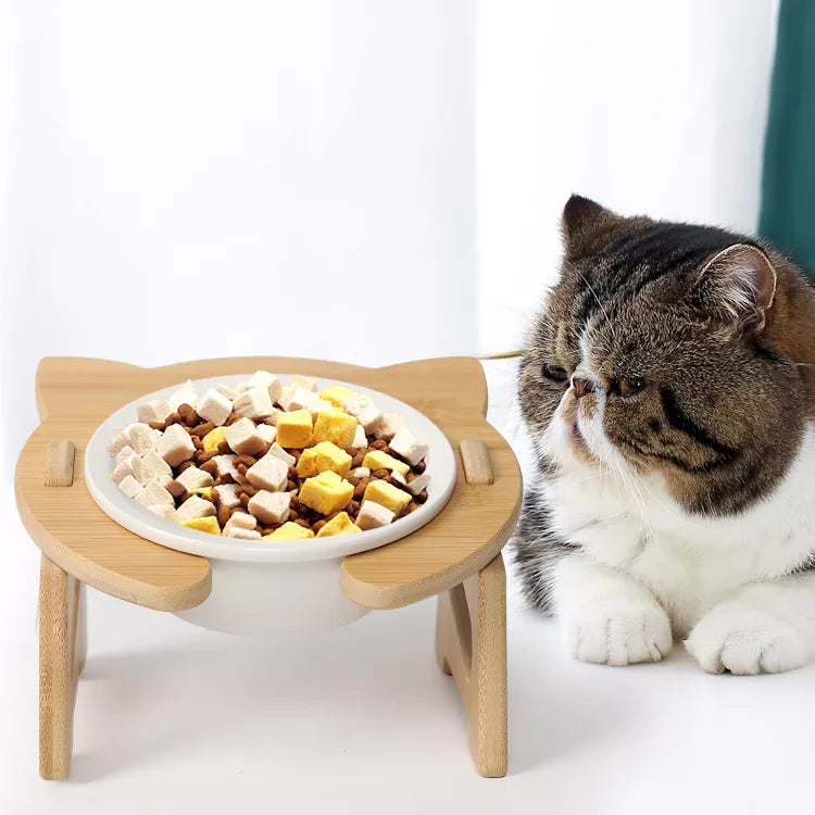 CERAMIC CAT BOWL WITH WOODEN STAND