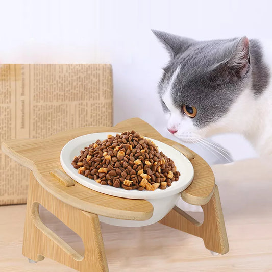 CERAMIC CAT BOWL WITH WOODEN STAND