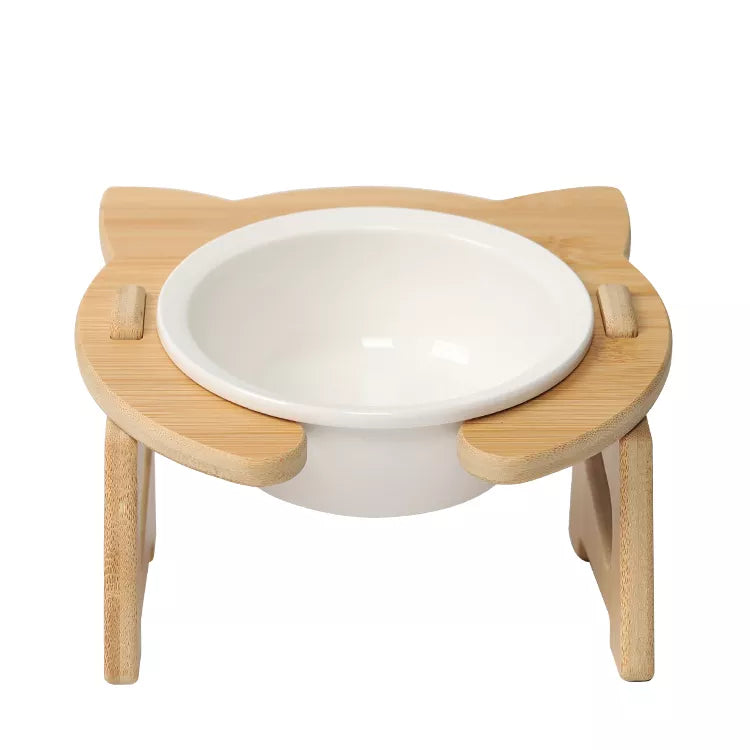 CERAMIC CAT BOWL WITH WOODEN STAND